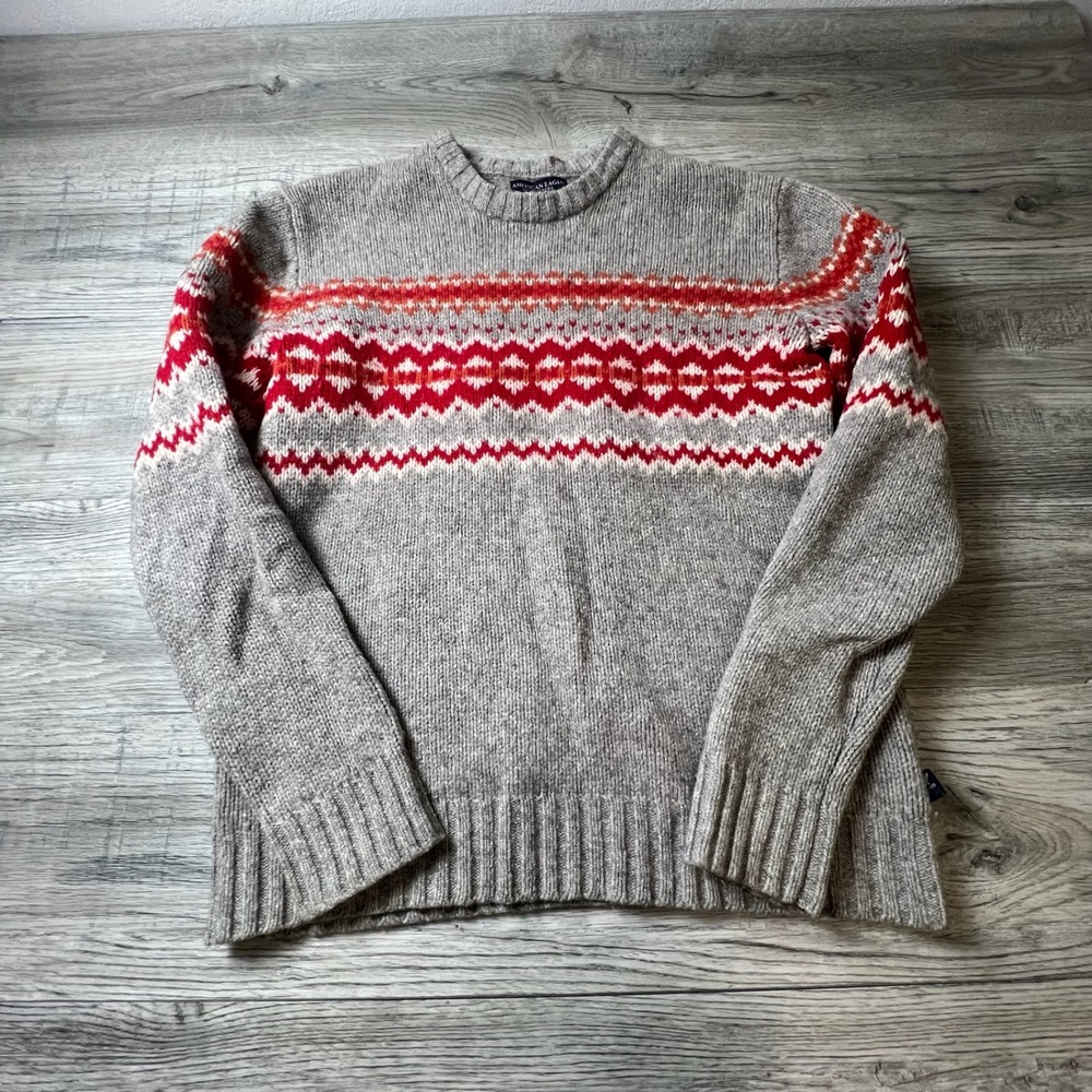 American Eagle Sweater Womens M Grey Lambswool Fair Isle Pullover Crew Neck Knit
